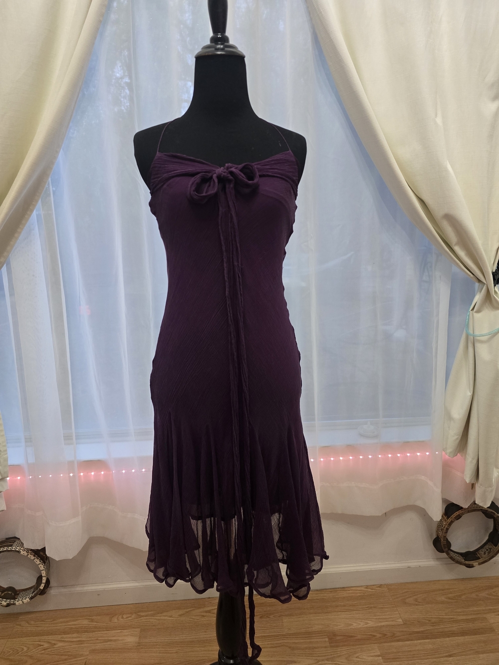 Purple Spaghetti-Strap Tie-Front Midi Dress Small